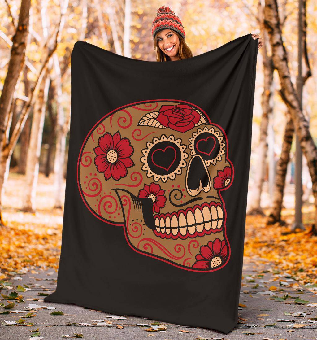 Colourful Mexican Sugar Skull, Hears Flowers Illustration Premium Blanket - Top Content | POD Collection | Free Shipping