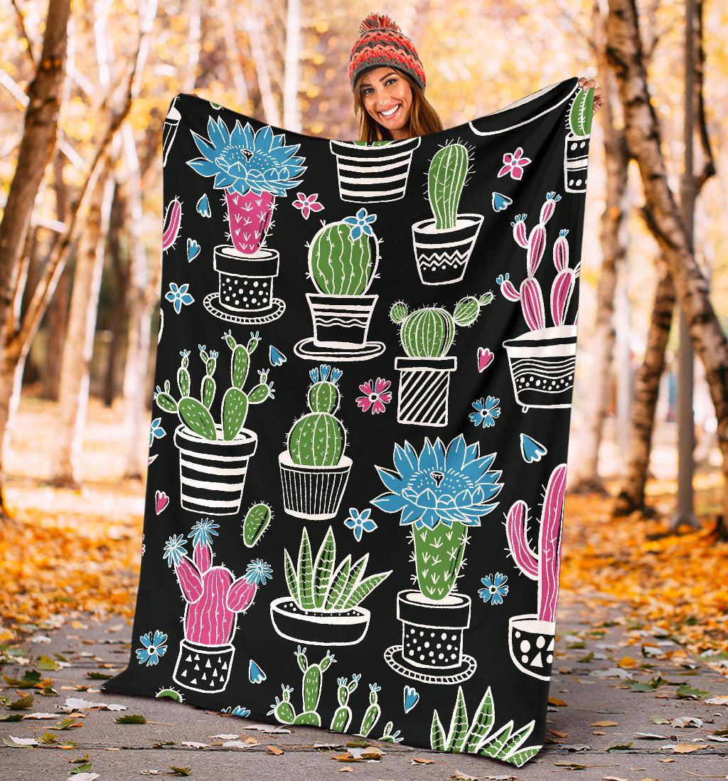 Colorful Plant Cactus and Cucculent Hand Drawn Pattern Premium Blanket - Top Content | POD Collection | Free Shipping