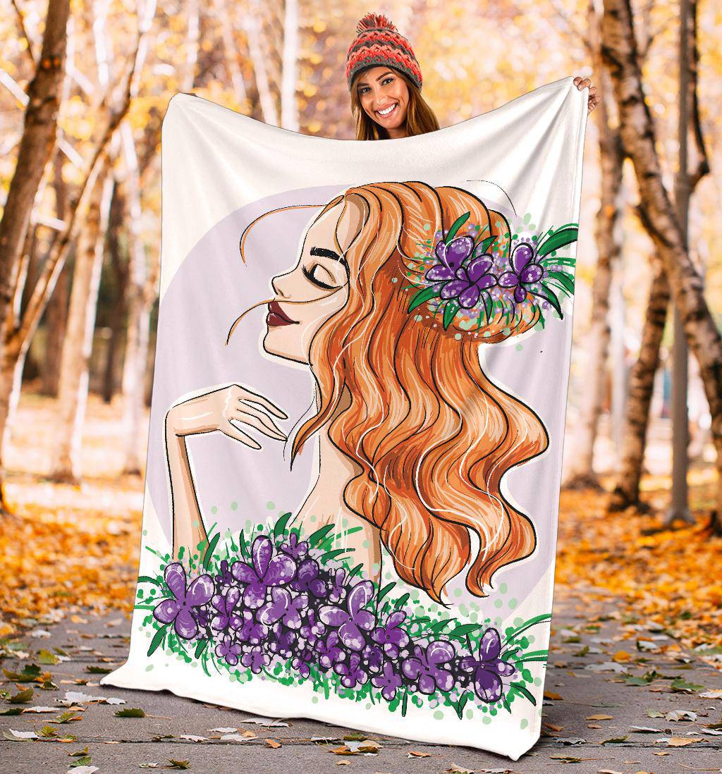 Beautiful Girl with Red Waved Hair and the Flowers in the Head Premium Blanket - Top Content | POD Collection | Free Shipping