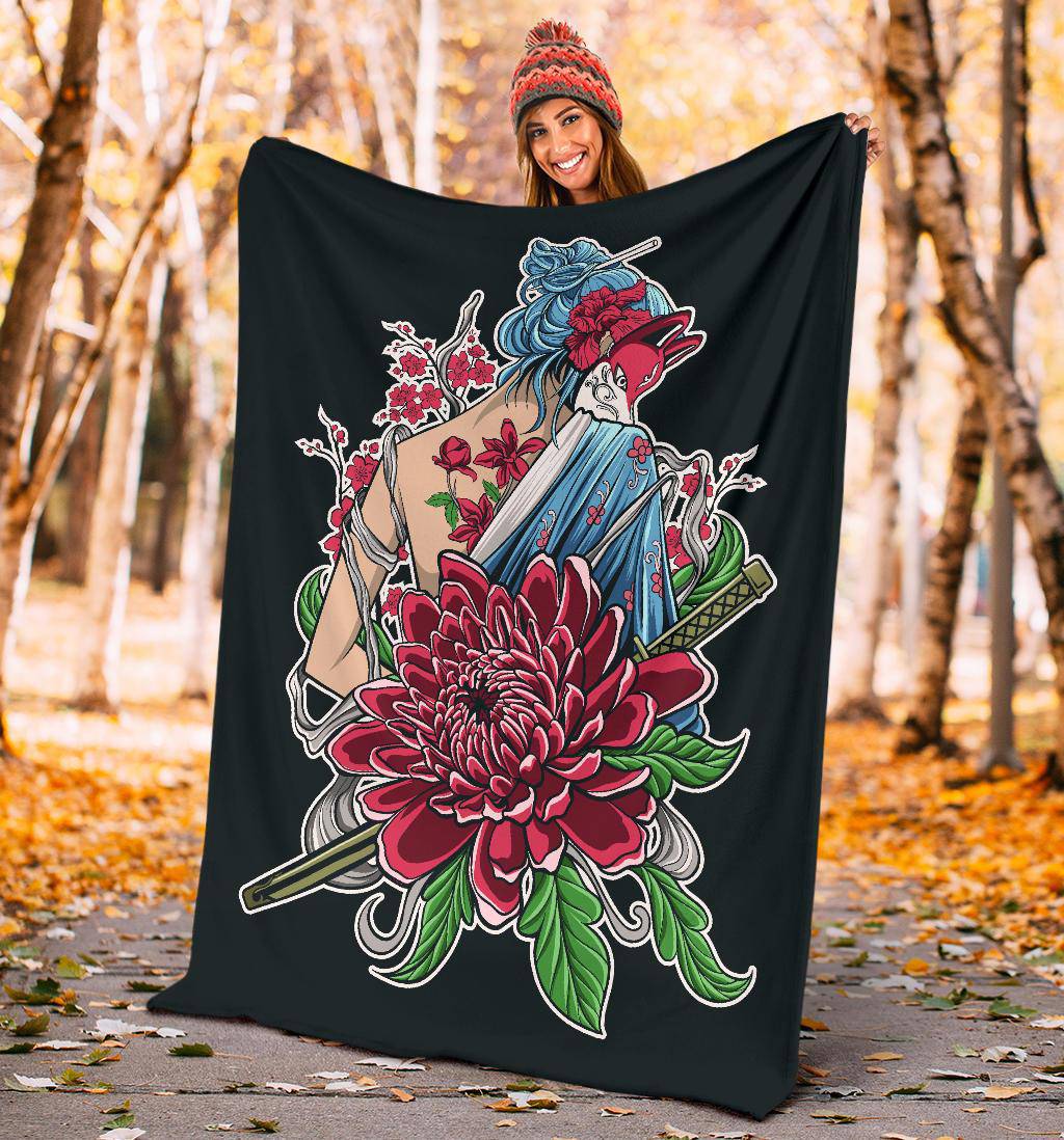 Japanese Samurai Girl With Flower Ornament Drawing Premium Blanket - Top Content | POD Collection | Free Shipping