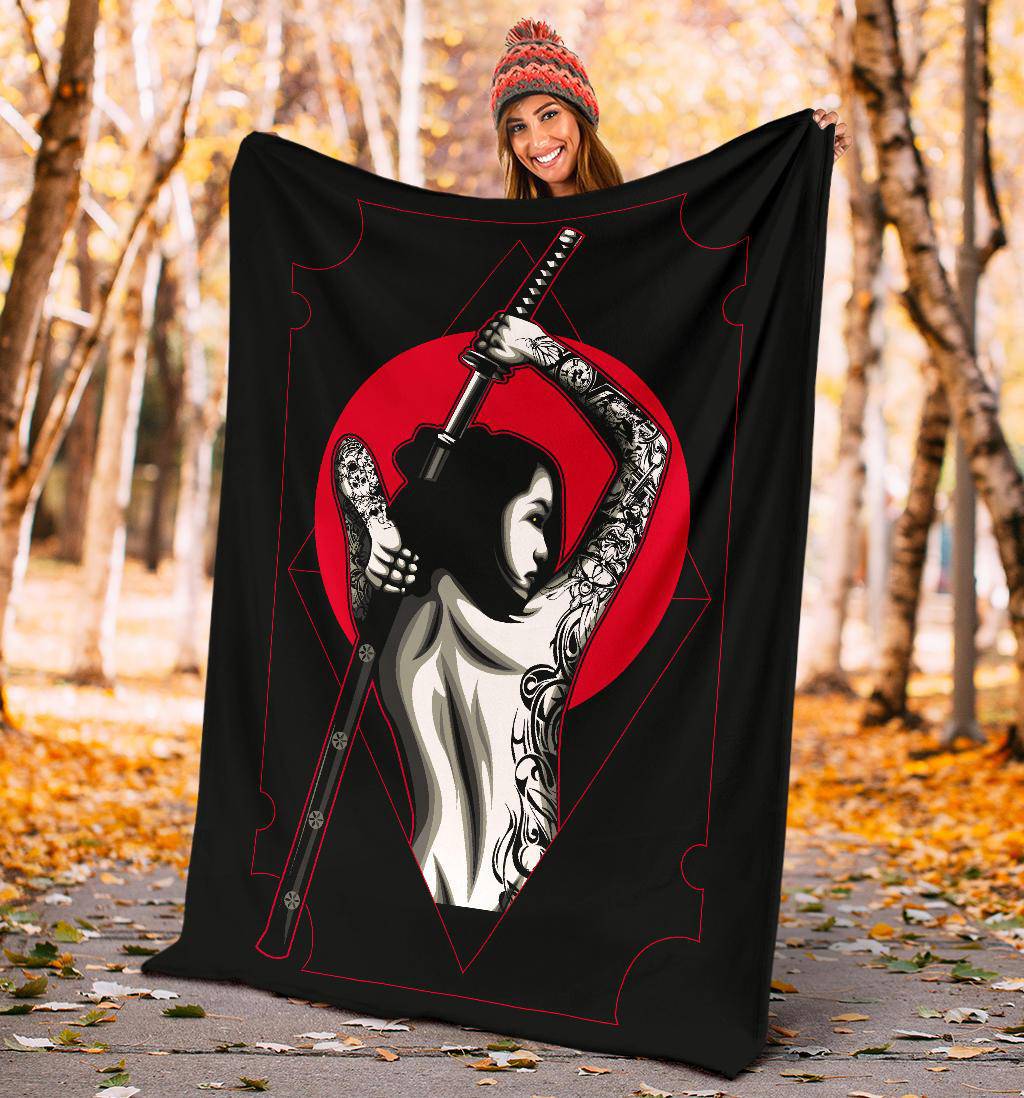 Samurai Woman Tattoo Japan Sword Red Sun Premium Blanket - Top Content | POD Collection | Free Shipping