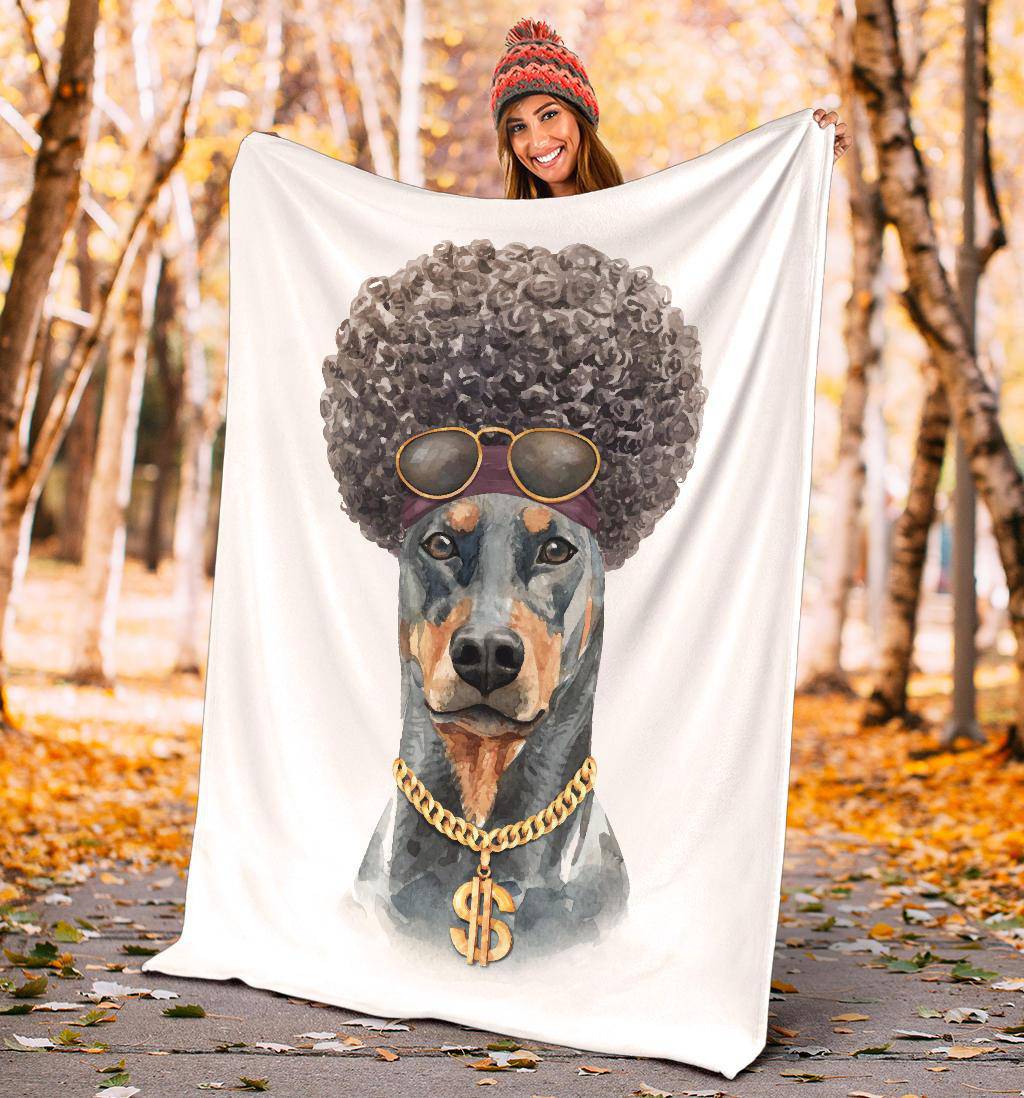 Funny Afro Doberman Premium Blanket, Watercolour Dog Portrait Drawing - Top Content | POD Collection | Free Shipping