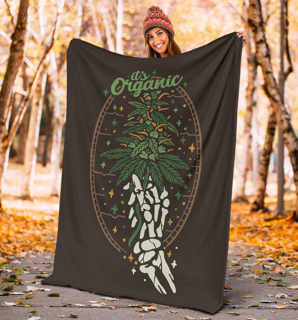 Organic Cannabis Premium Blanket, Skeleton Hand Holding Weed Plant Funny Cartoon - Top Content | POD Collection | Free Shipping