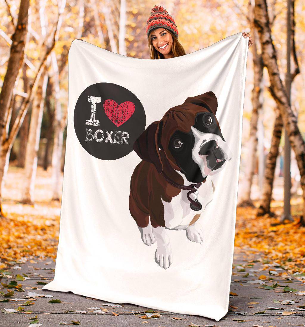 I Love Boxer, Cute Dog Cartoon Illustration Premium Blanket - Top Content | POD Collection | Free Shipping