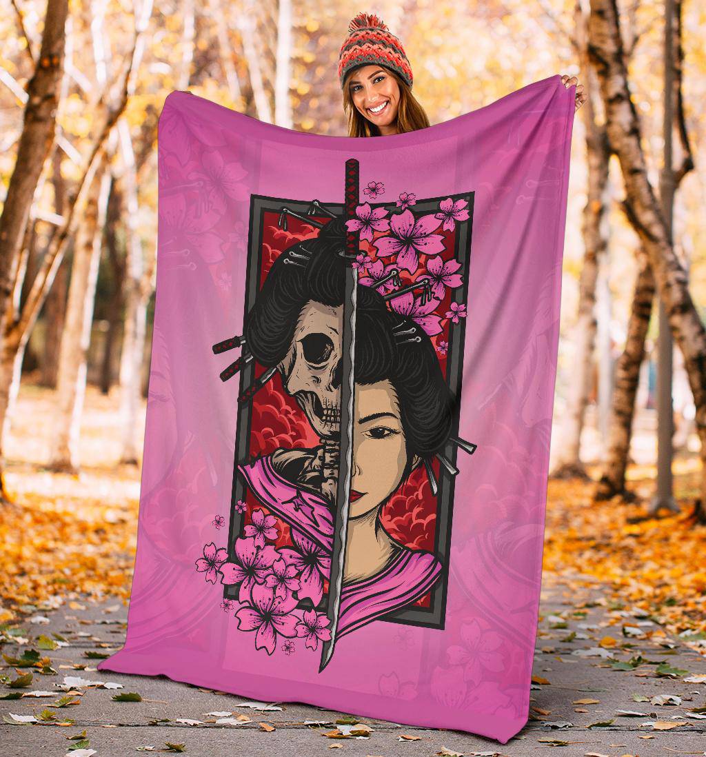 Geisha Skull With Sakura And Katana Premium Blanket, Japanese Style Art - Top Content | POD Collection | Free Shipping