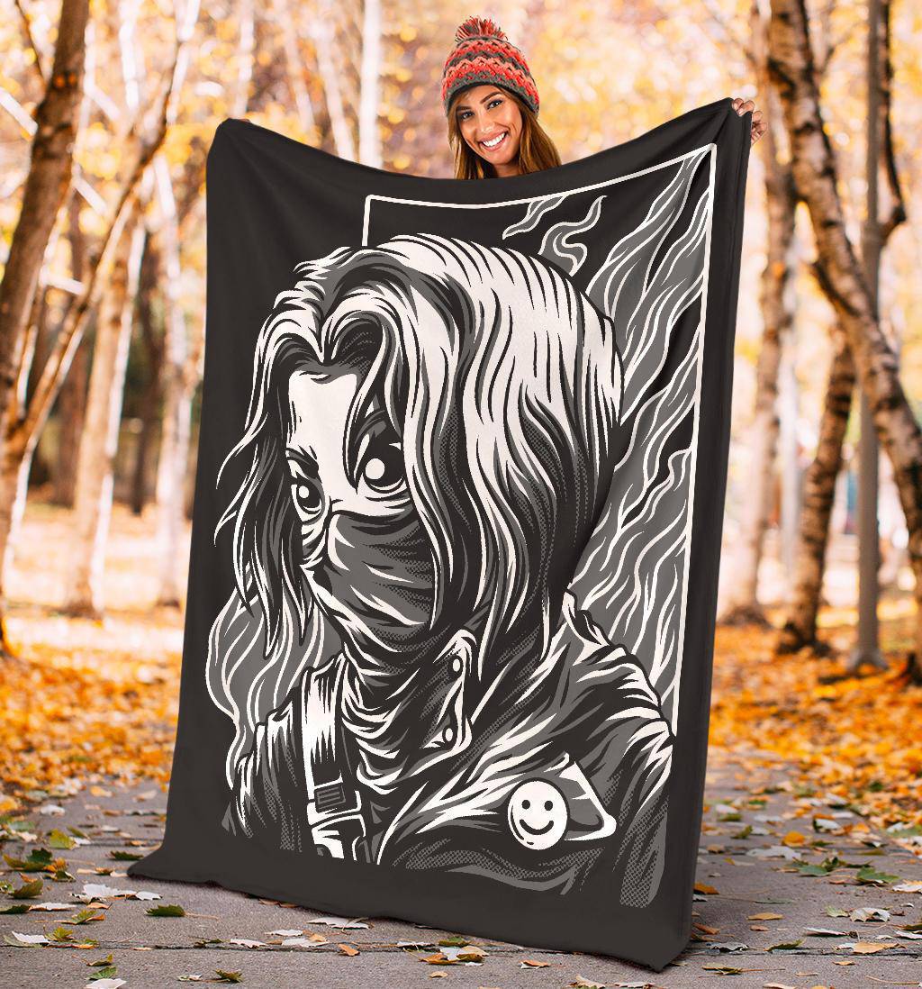 Premium Blanket Masked Smiley Warrior Girl Cartoon - Top Content | POD Collection | Free Shipping