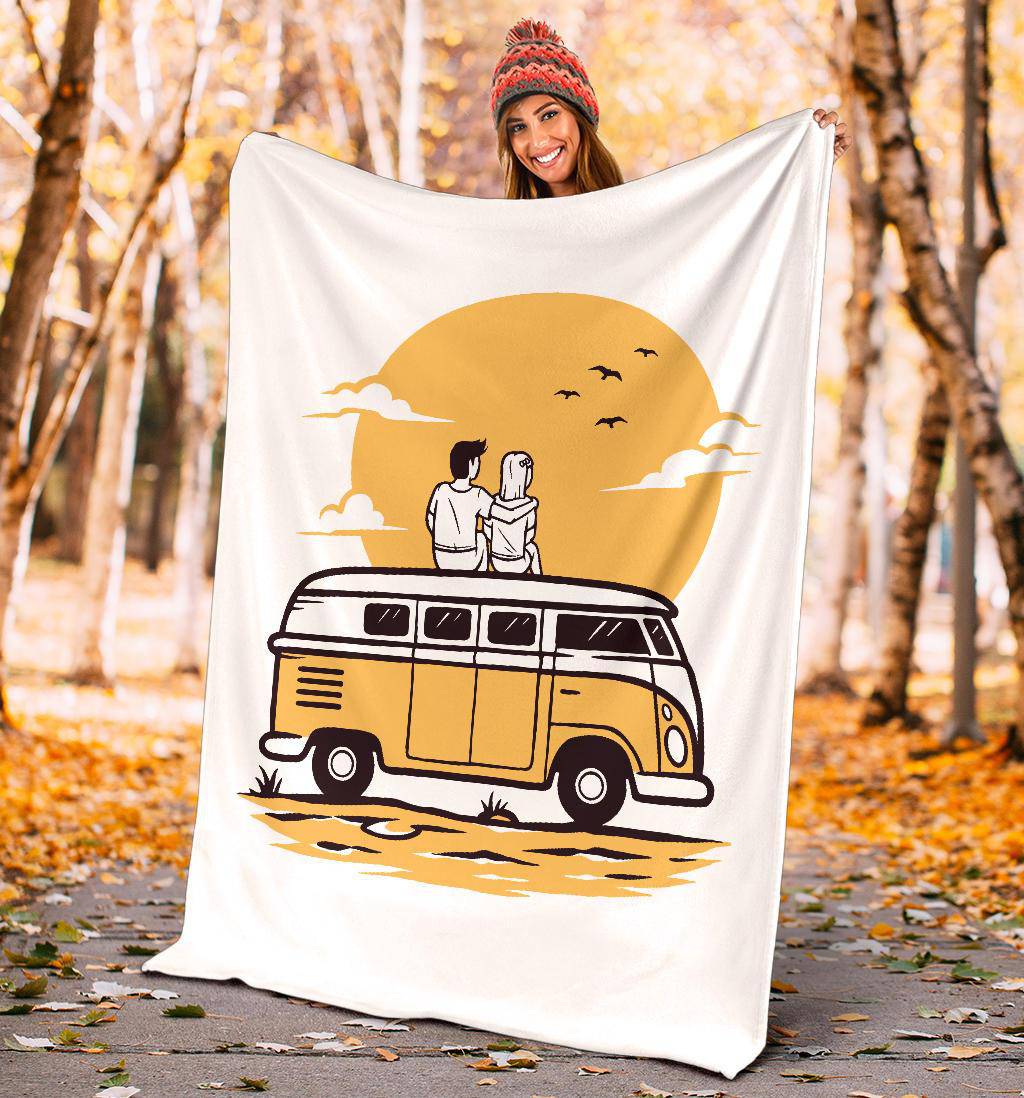 Romantic Sunrise Premium Blanket, Love Traveling Cartoon Style - Top Content | POD Collection | Free Shipping