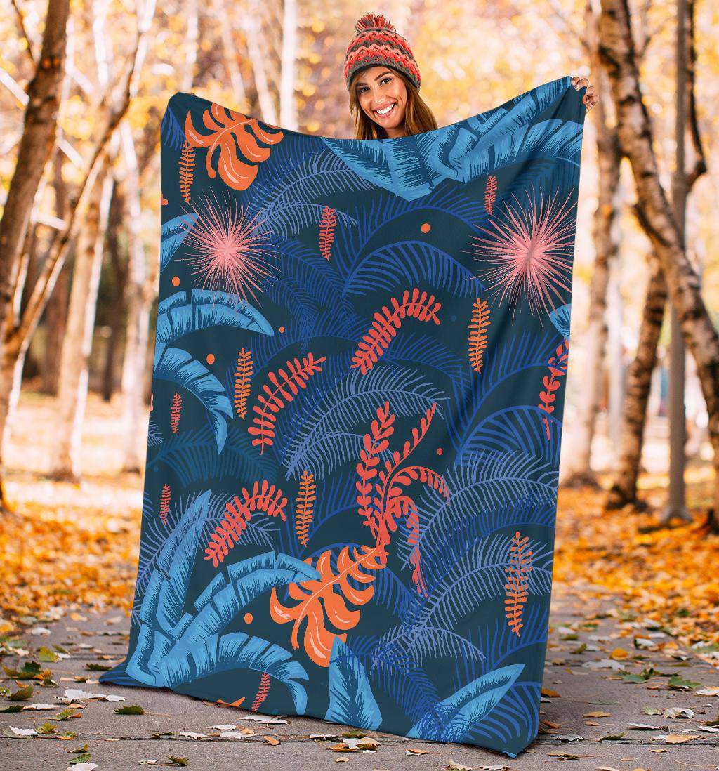 Blue Jungle Leaves Pattern Premium Blanket - Top Content | POD Collection | Free Shipping