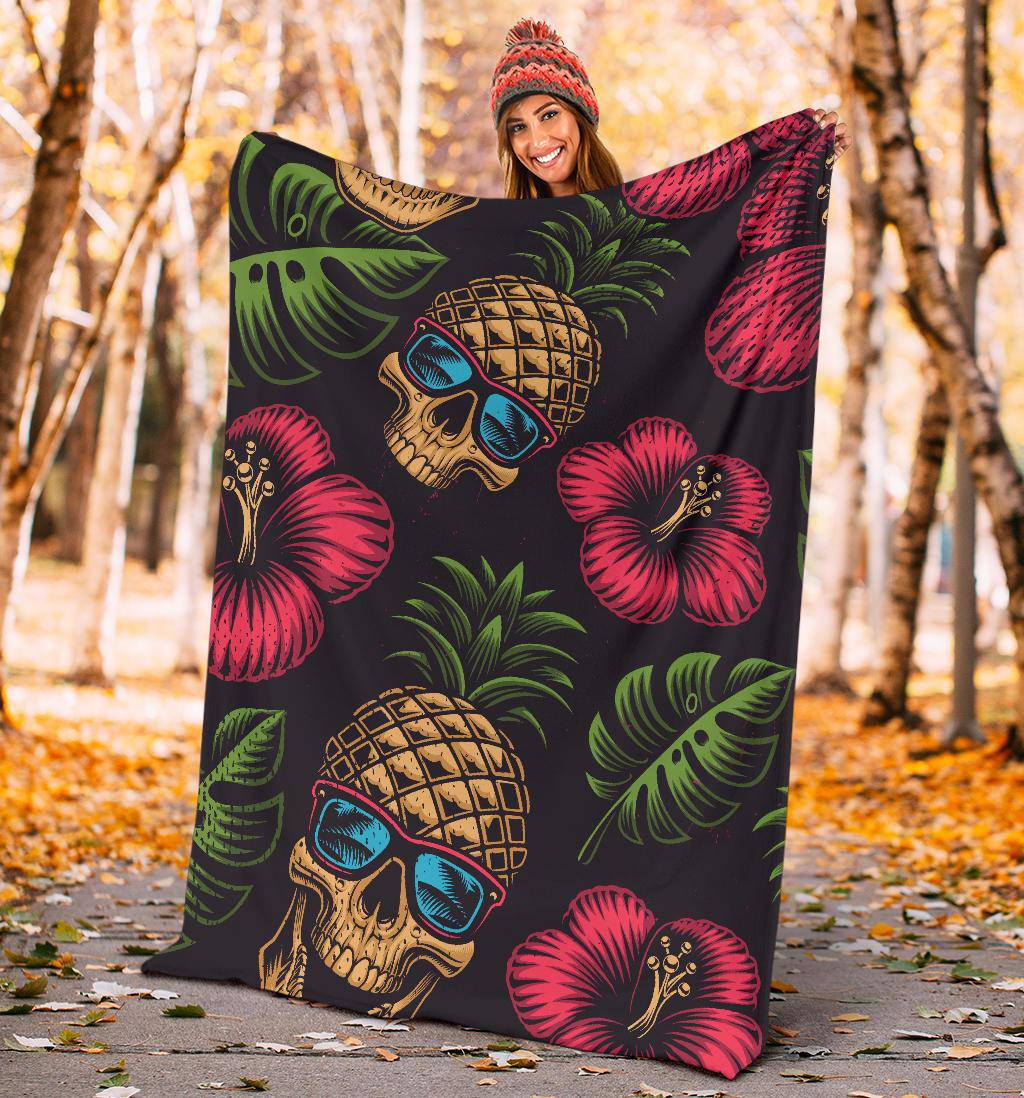 Tropical Flowers, Skull Pineapple Head Premium Blanket - Top Content | POD Collection | Free Shipping