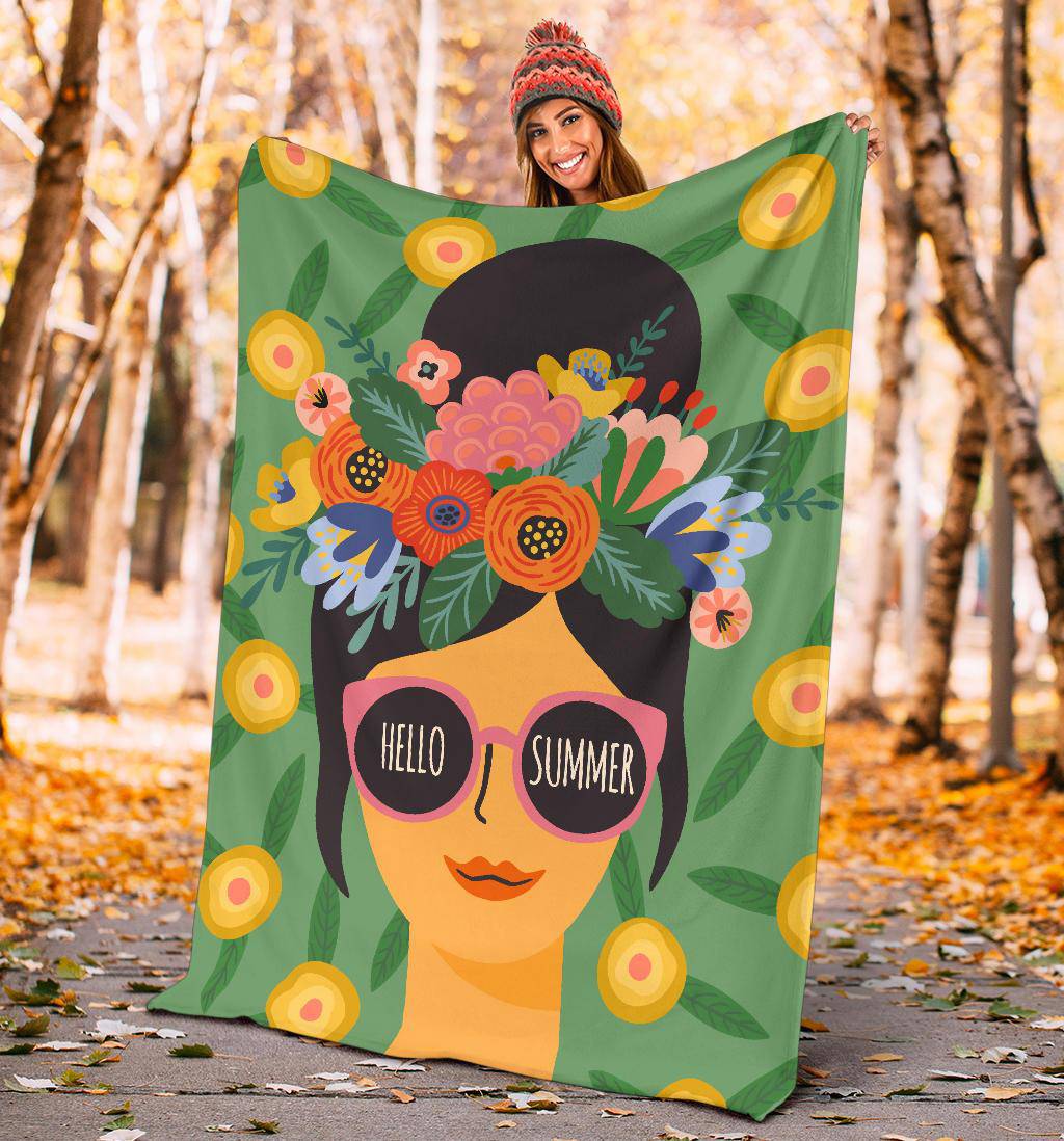 Hello Summer Girl with Flowers Premium Blanket - Top Content | POD Collection | Free Shipping