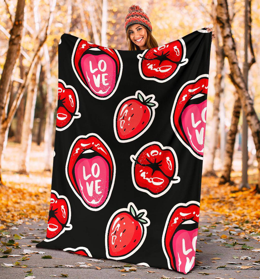 Red Lips Strawberry Kiss Love Seamless Pattern Premium Blanket - Top Content | POD Collection | Free Shipping