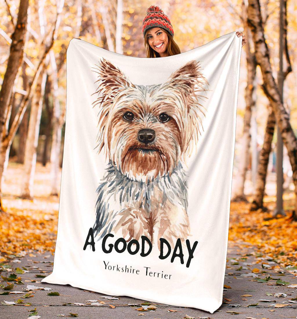 Yorkshire Terrier Dog Portrait Premium Blanket, A Good Day Quote Cartoon - Top Content | POD Collection | Free Shipping