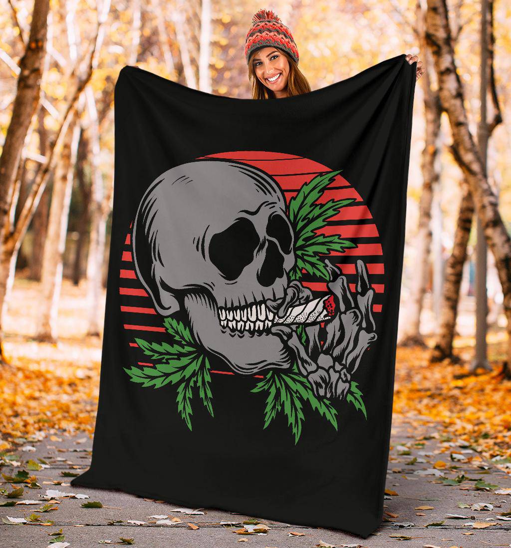 Skull Premium Blanket, Red Moon Weed Smoking Cartoon Illustration - Top Content | POD Collection | Free Shipping