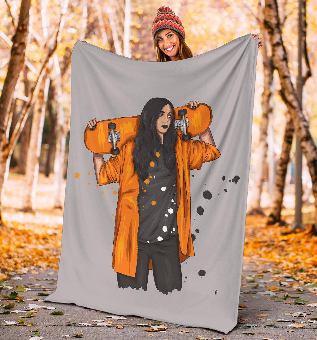 Pretty Skateboarding Girl Premium Blanket, Cartoon Style Drawing - Top Content | POD Collection | Free Shipping