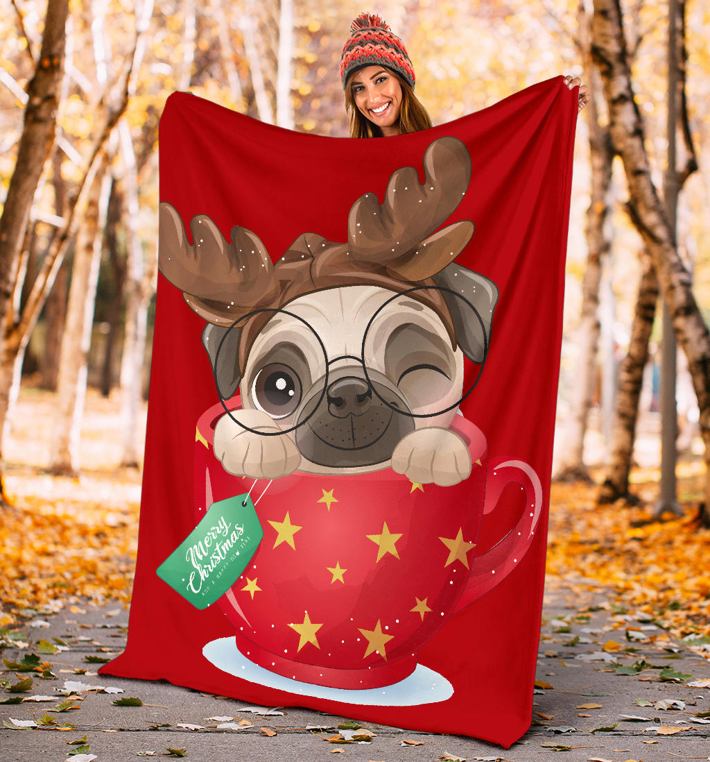 cute doodle pug christmas day with red watercolor blanket - Top Content | POD Collection | Free Shipping