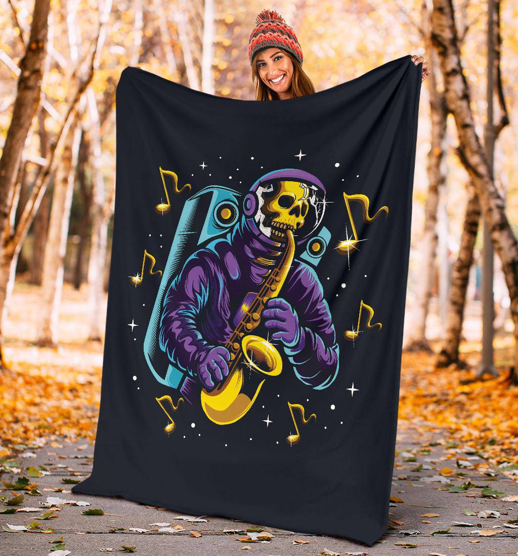 Premium Blanket Skull Astronaut Playing Saxophone Space Music Illustration - Top Content | POD Collection | Free Shipping