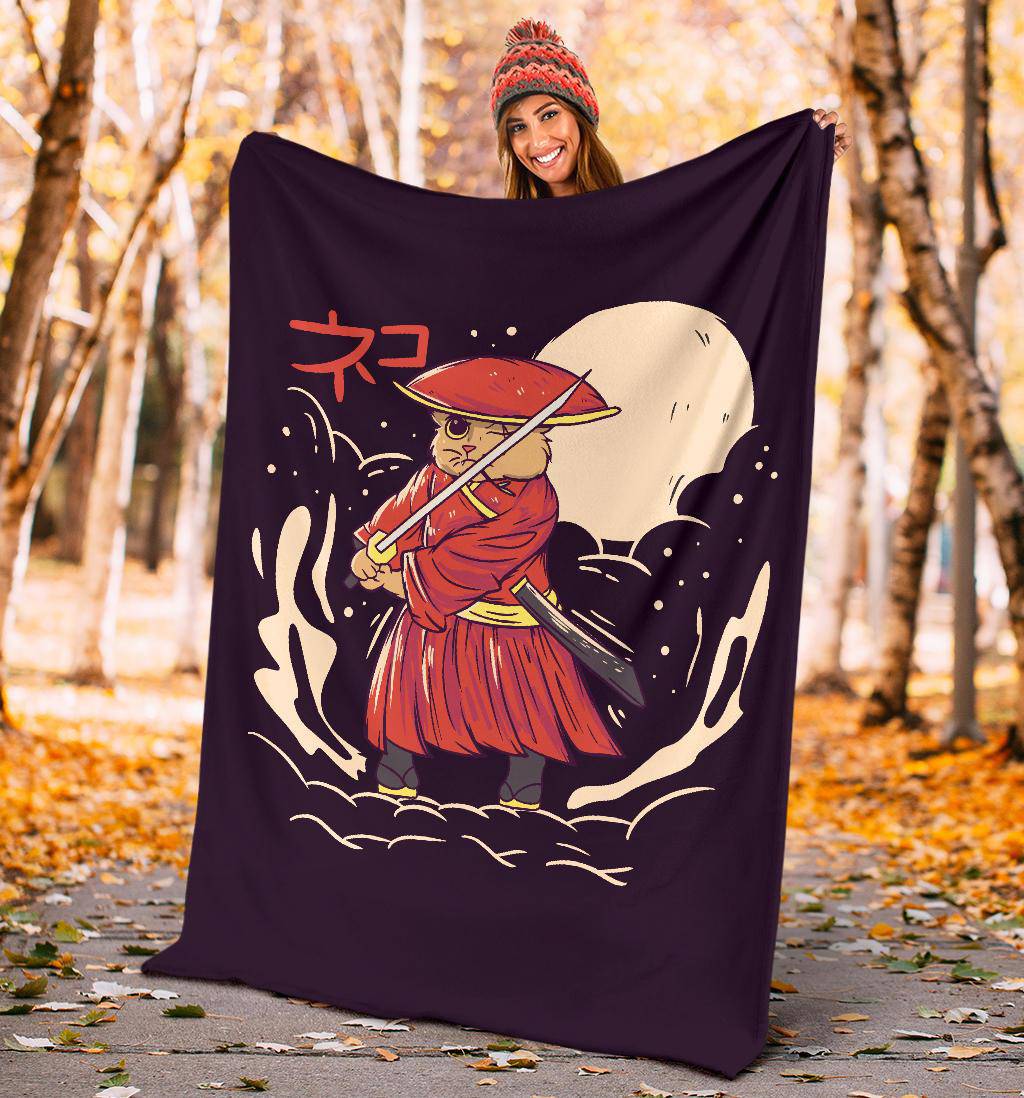 Samurai Japanese Cat Premium Blanket, Cool Cartoon Drawing - Top Content | POD Collection | Free Shipping