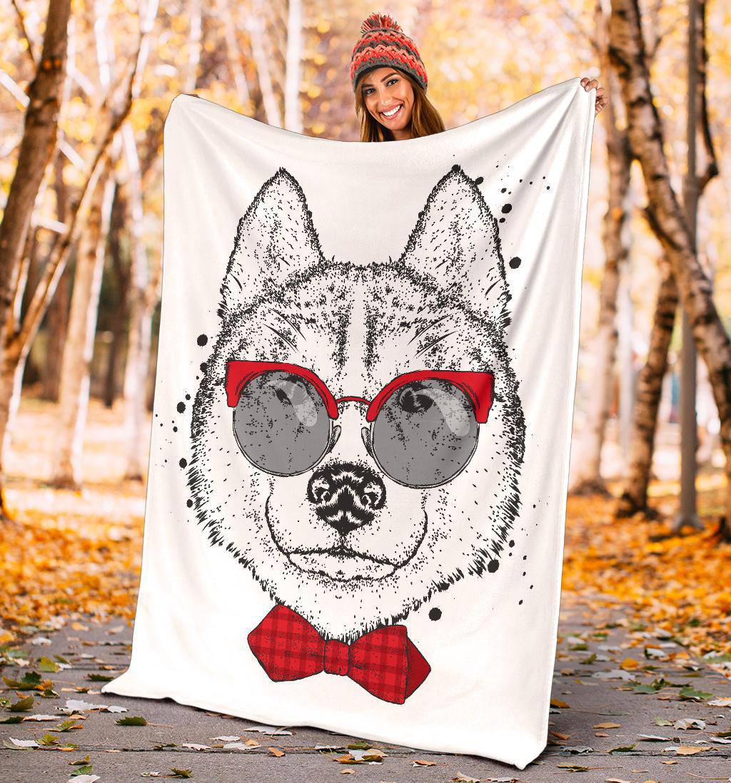 Cute Husky Drawing With Tie And Glasses Premium Blanket - Top Content | POD Collection | Free Shipping