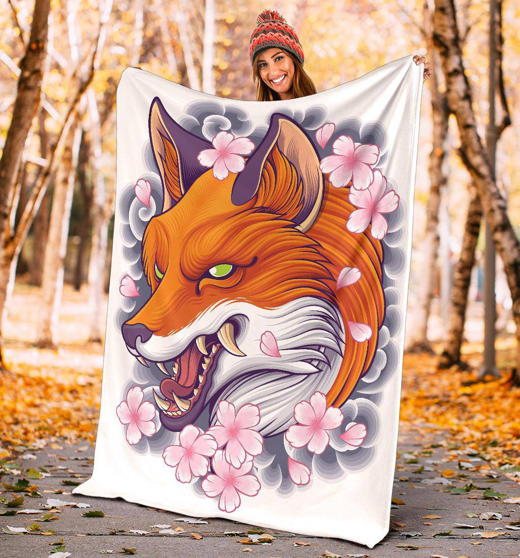 Angry Fox Head with Japanese Flowers Premium Blanket - Top Content | POD Collection | Free Shipping