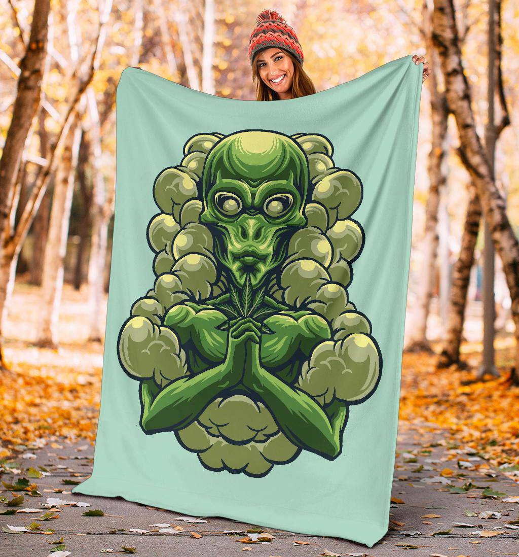 Alien Holding Marijuana, Cool Weed Cartoon Premium Blanket - Top Content | POD Collection | Free Shipping