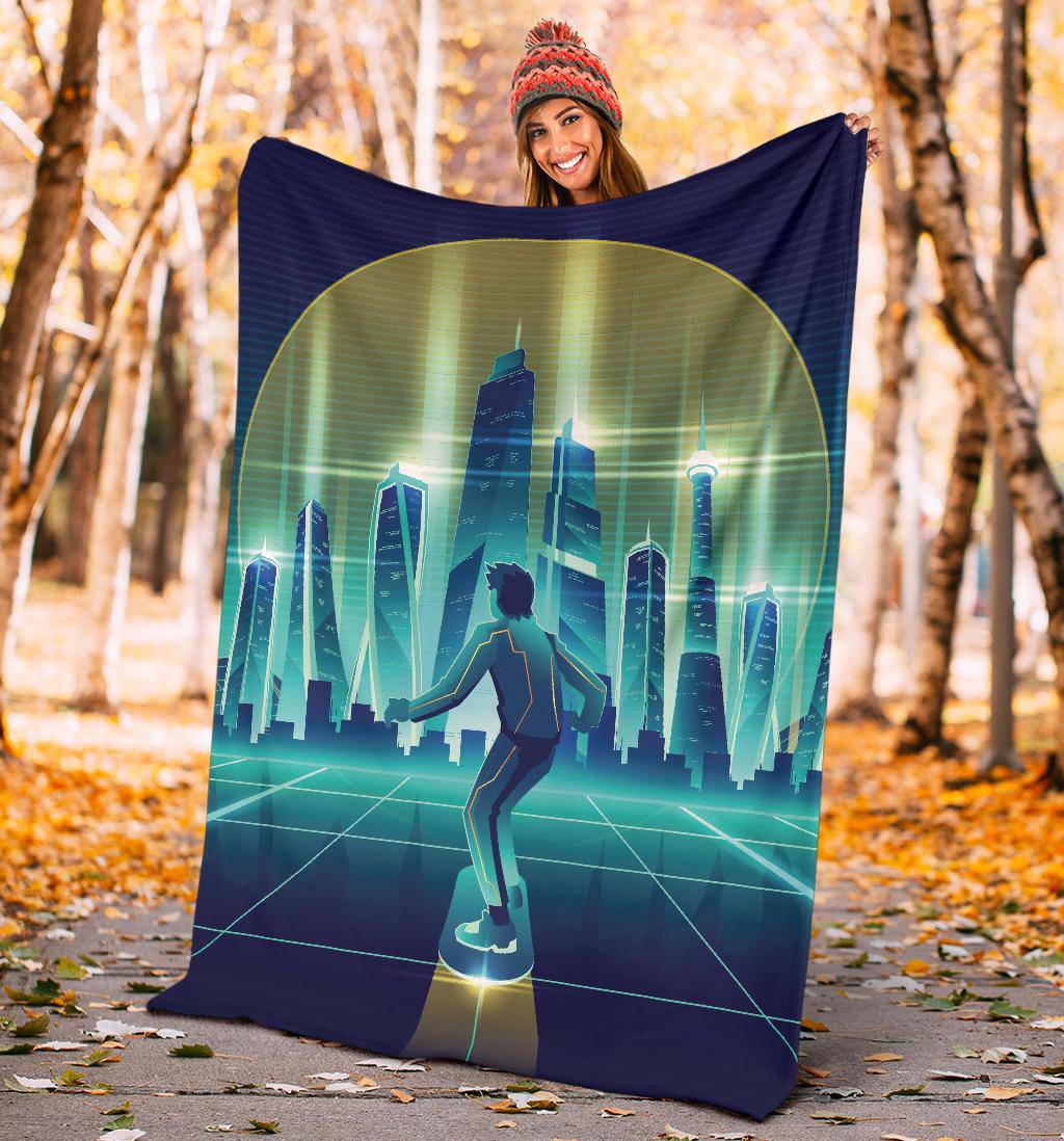 Skateboard Man Future Metropolis City Premium Blanket - Top Content | POD Collection | Free Shipping