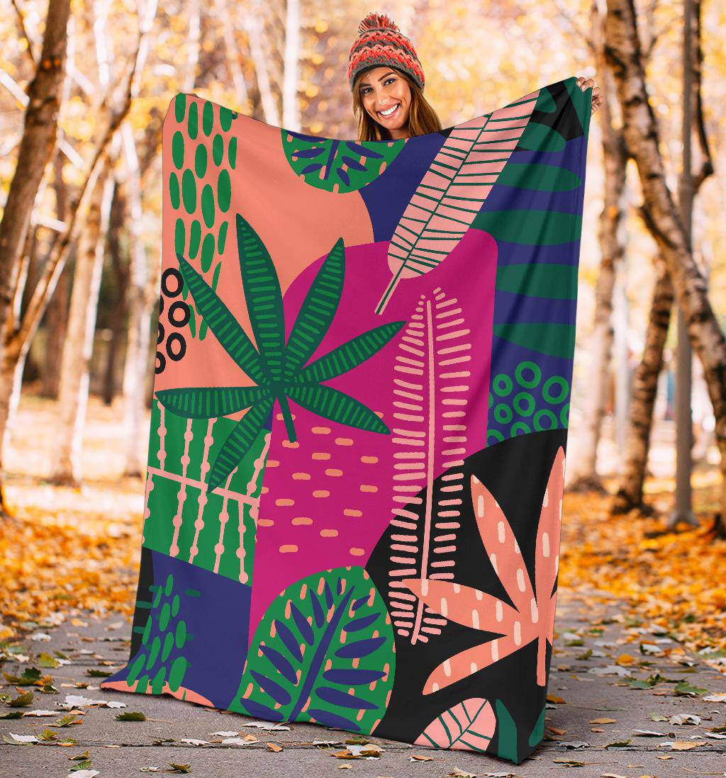 Colorful Tropical Leaves Nature Hand Drawn Premium Blanket - Top Content | POD Collection | Free Shipping