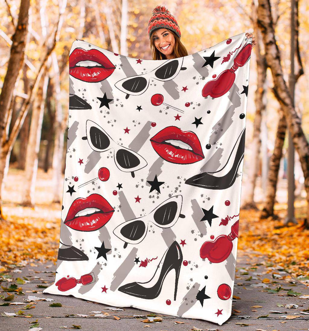 Red Lips Black Heels Lollipop Makeup Stars Premium Blanket - Top Content | POD Collection | Free Shipping