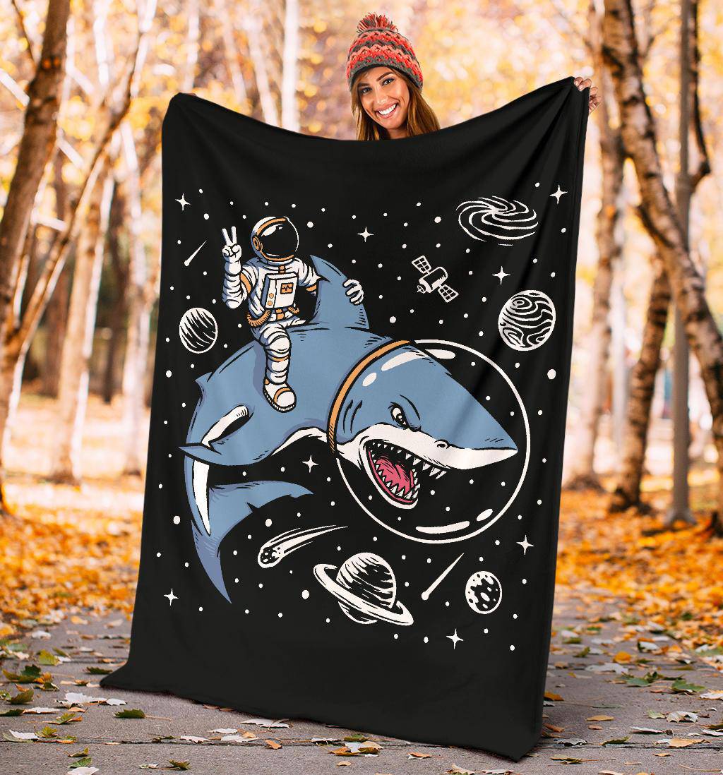 Astronaut Riding A Shark Premium Blanket, Cool Space Cartoon Drawing - Top Content | POD Collection | Free Shipping