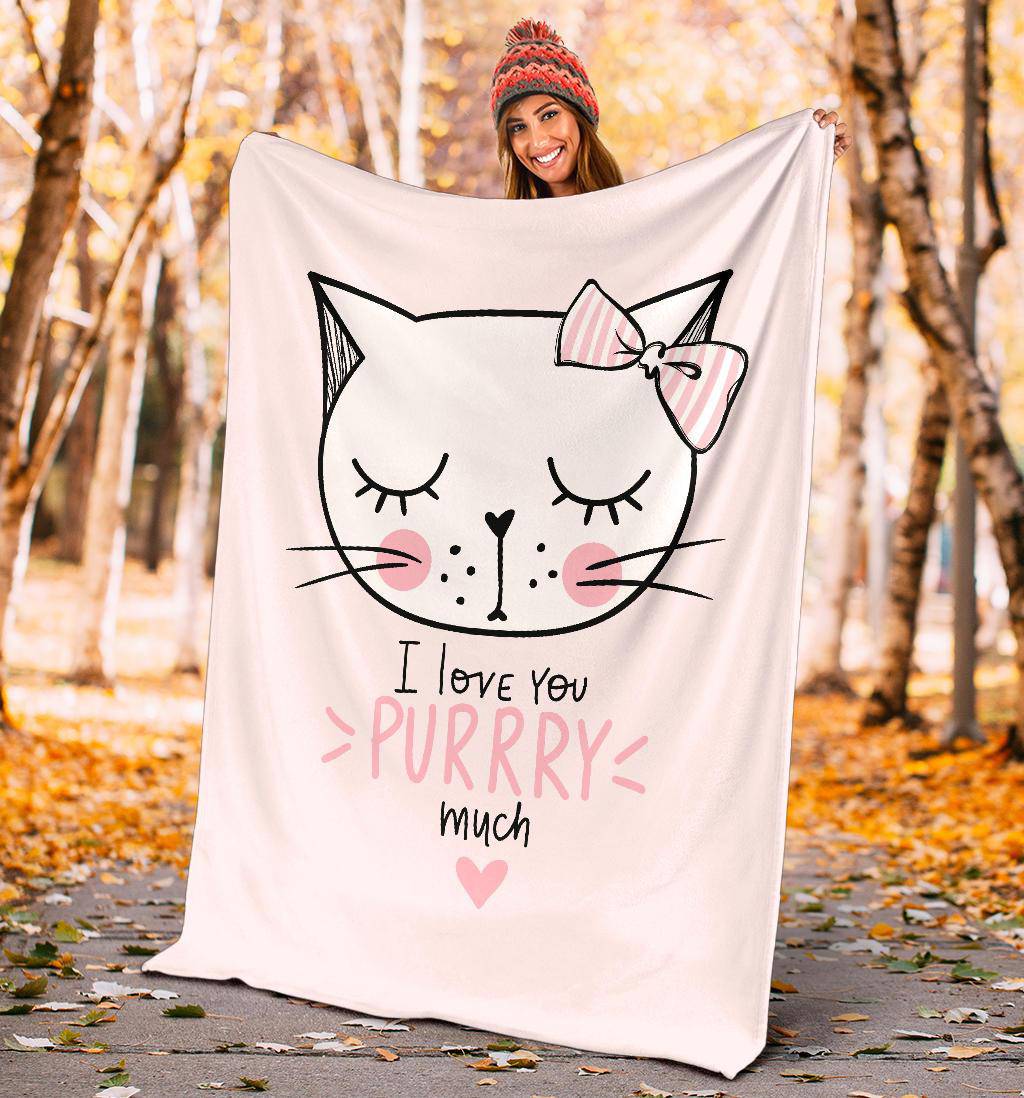 Cute Pink Cat Cartoon Drawing Premium Blanket, I Love You Purrry Much - Top Content | POD Collection | Free Shipping