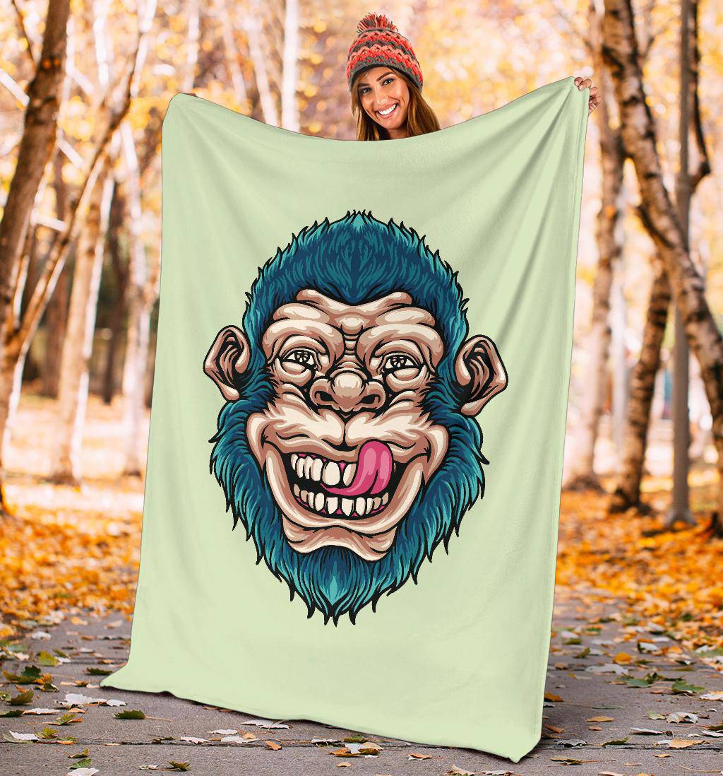 Funny Monkey Head Premium Blanket, Cool Cartoon Vector Illustration - Top Content | POD Collection | Free Shipping