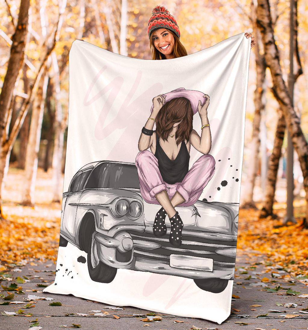 Beautiful Retro Car Girl Premium Blanket - Top Content | POD Collection | Free Shipping