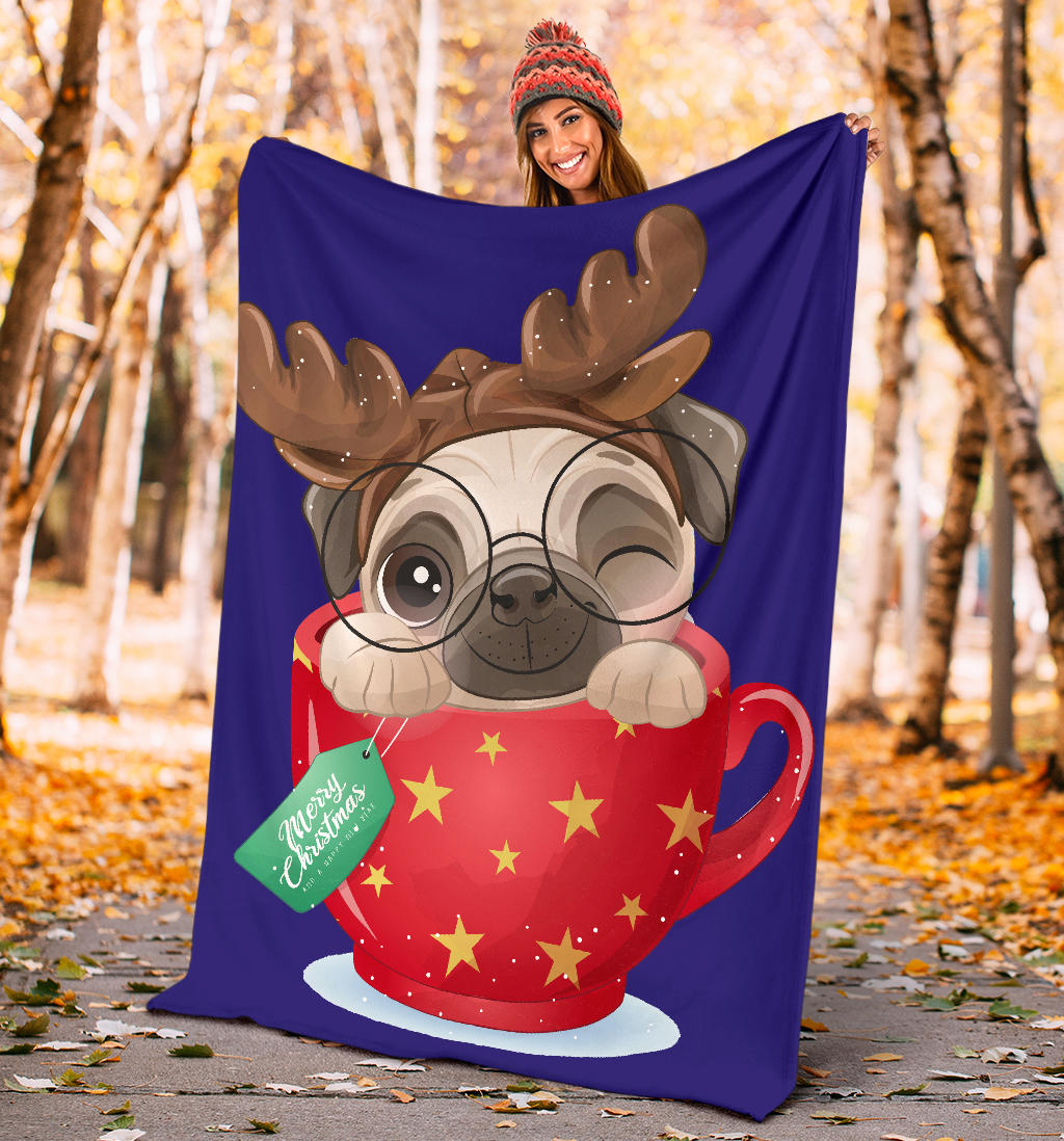 cute doodle pug christmas day blue blanket - Top Content | POD Collection | Free Shipping