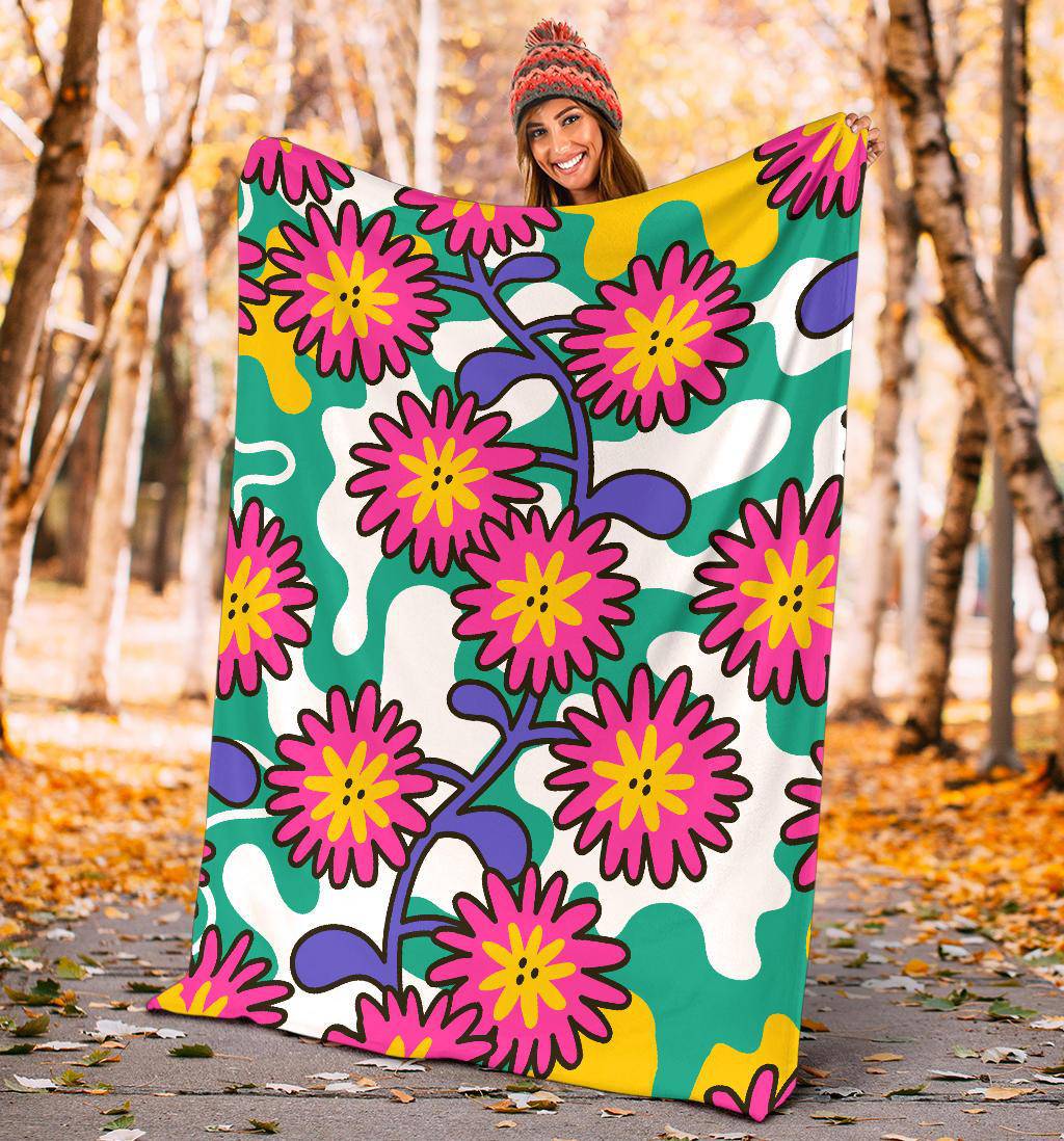 Cartoon Flowers, Colorful Floral Pattern Premium Blanket - Top Content | POD Collection | Free Shipping