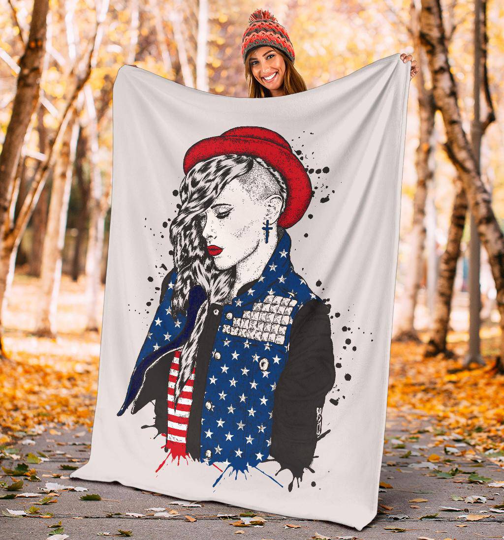 Beautiful Girl Hand Drawing USA Flag Premium Blanket - Top Content | POD Collection | Free Shipping