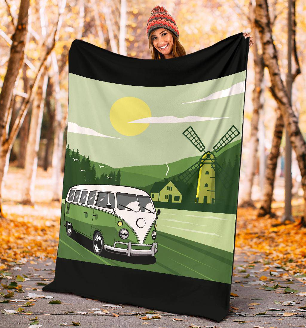 Green Van Windmill Cartoon Premium Blanket - Top Content | POD Collection | Free Shipping