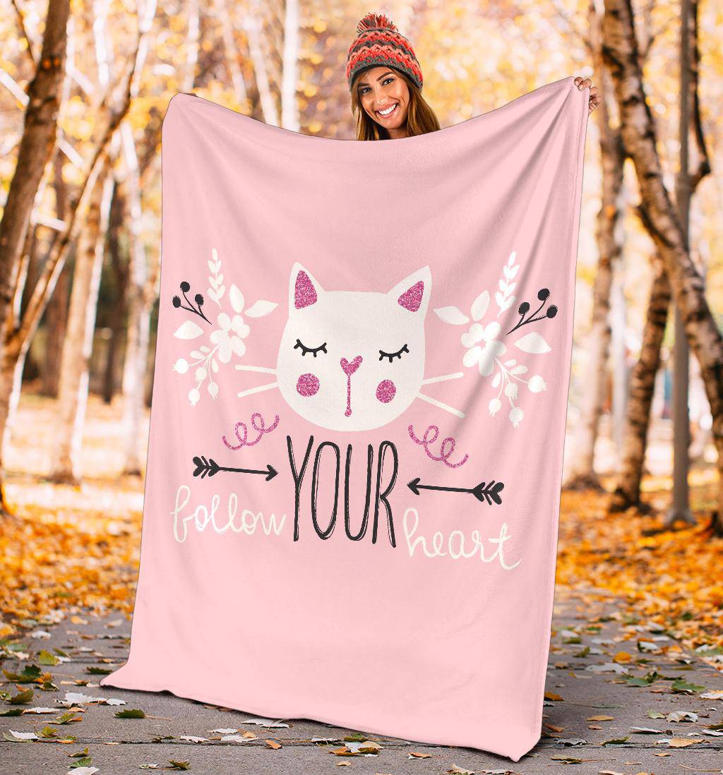 Girly Cute Cat Vector Illustration Premium Blanket, Follow Your Heart - Top Content | POD Collection | Free Shipping