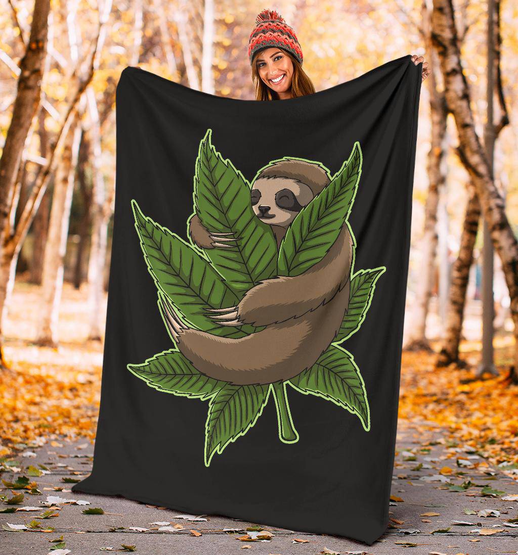 Sloth Hugging Green Cannabis Leaf Premium Blanket - Top Content | POD Collection | Free Shipping