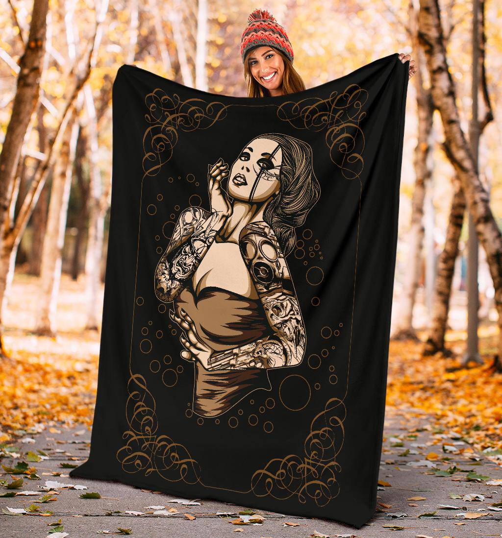 Sexy Tattooed Girl Premium Blanket, Tattoo Style Cartoon Drawing - Top Content | POD Collection | Free Shipping