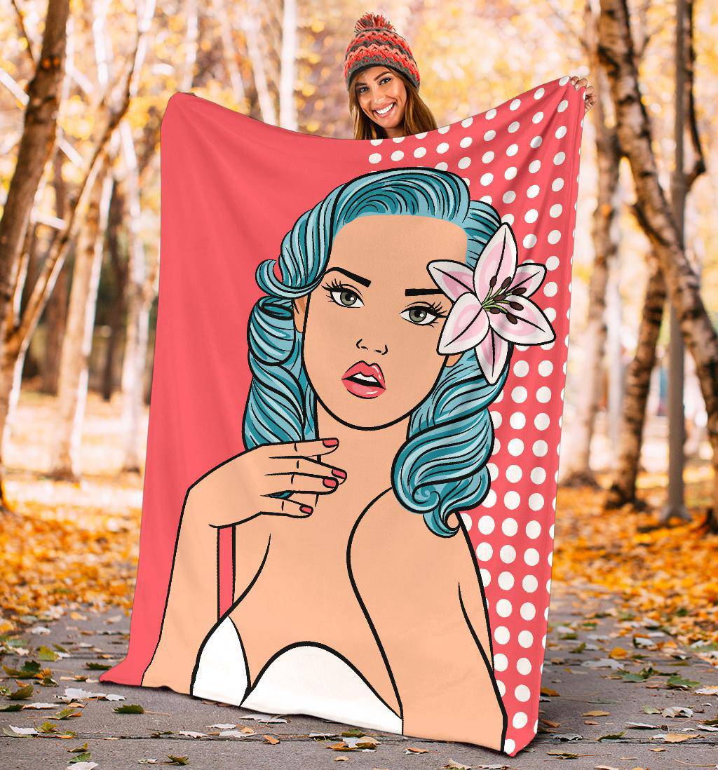 Pop Art Cartoon Sexy Girl with Blue Hair Premium Blanket - Top Content | POD Collection | Free Shipping