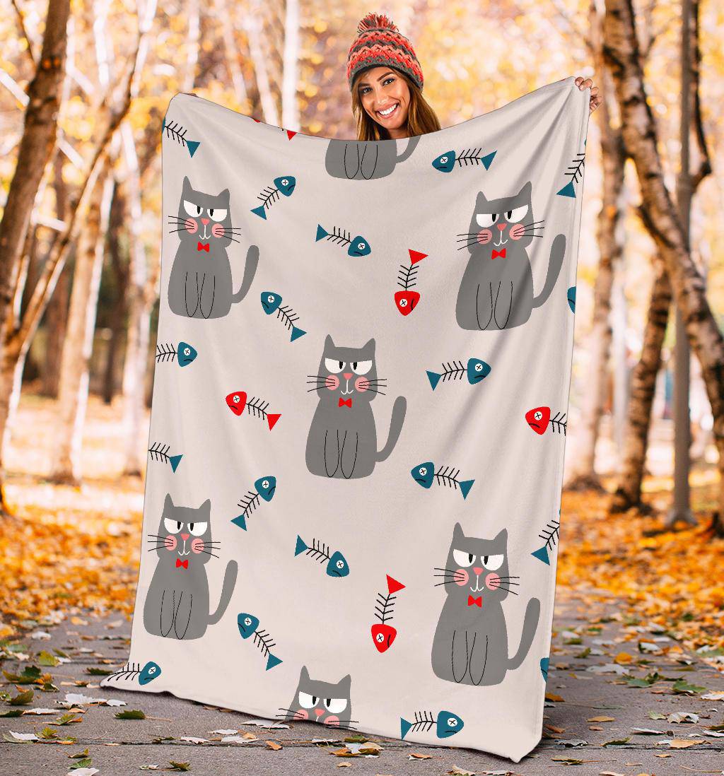 Premium Blanket Cute Cat Fishbone Seamless Background Illustration - Top Content | POD Collection | Free Shipping