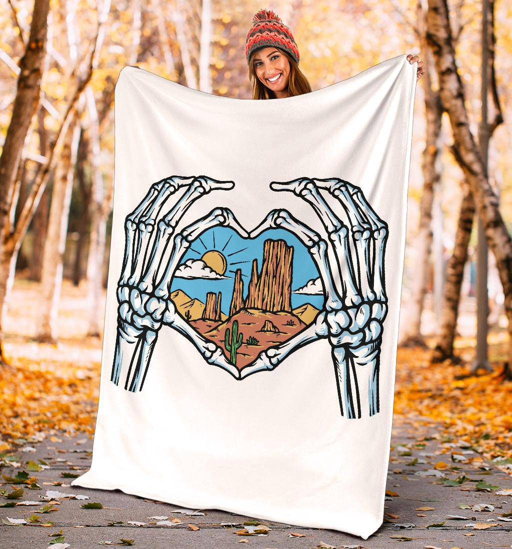 Skeleton Hands Shows Love For Desert View Cartoon Premium Blanket - Top Content | POD Collection | Free Shipping