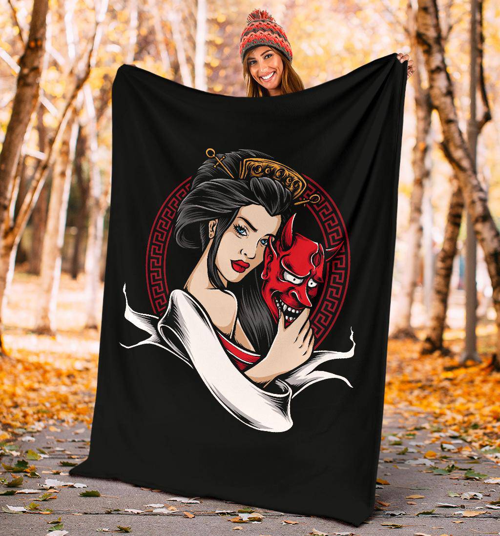 Geisha Holding Oni Mask Premium Blanket, Cool Japanese Art - Top Content | POD Collection | Free Shipping