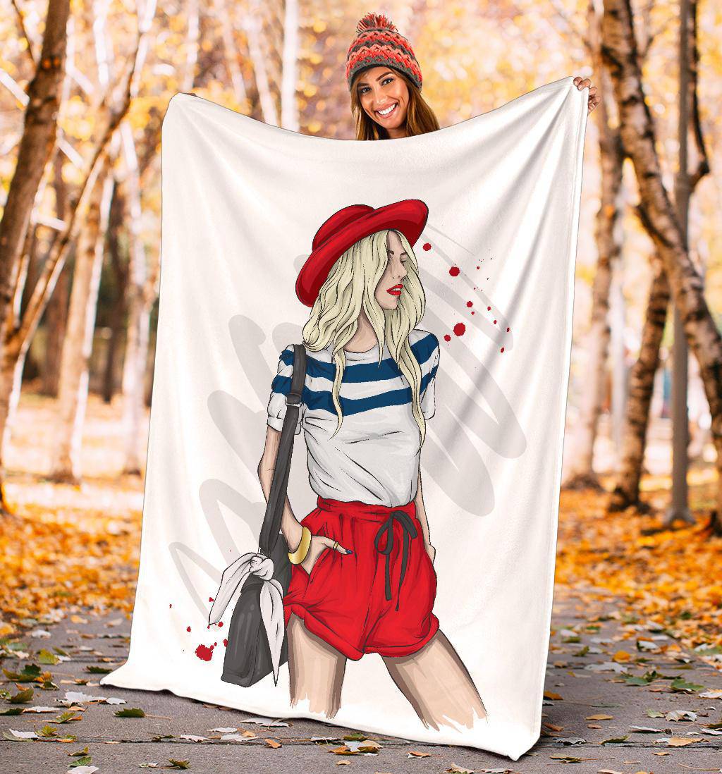 Stylish Red Summer Girl In Shorts Cartoon Premium Blanket - Top Content | POD Collection | Free Shipping