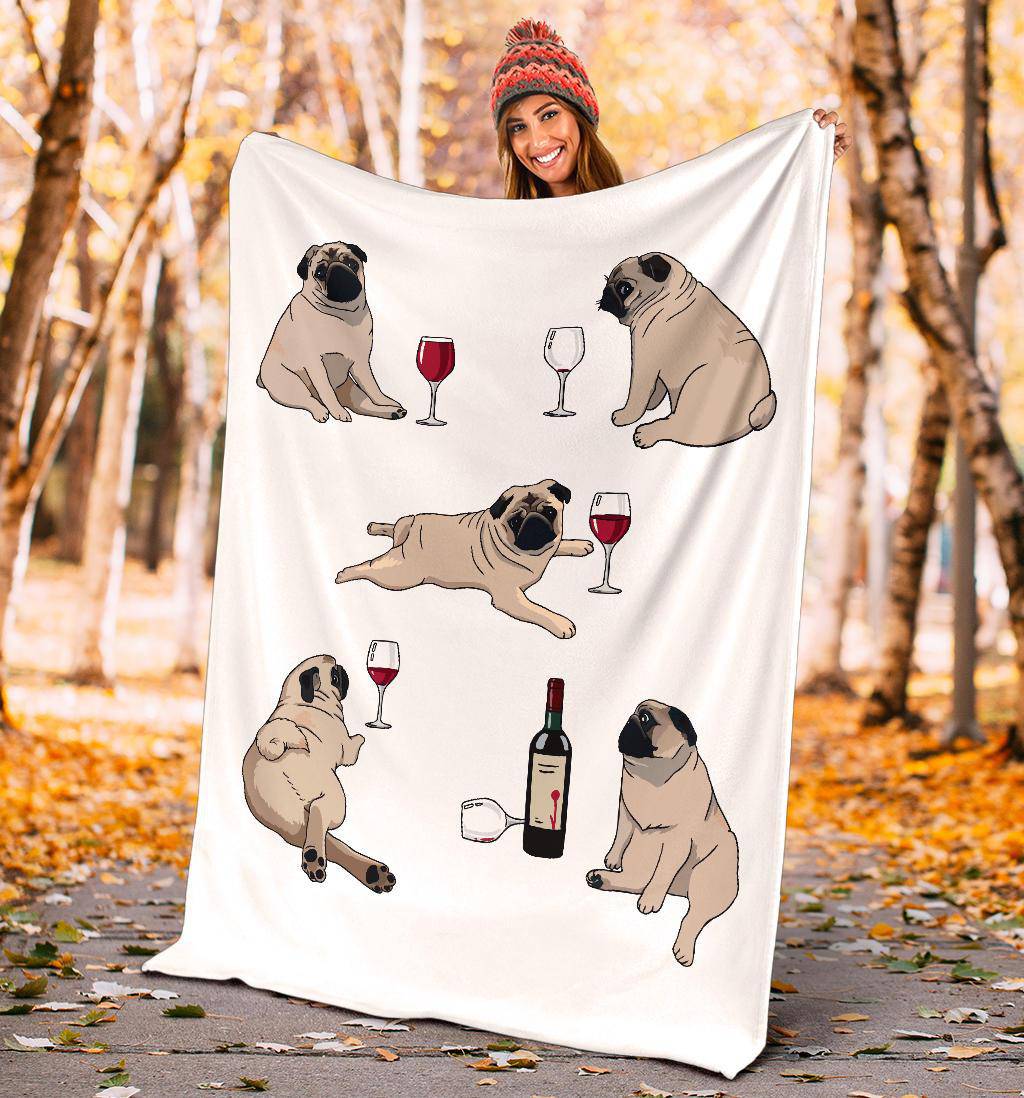 Funny Pug Posing With Bottle of Wine Cartoon Style Premium Blanket - Top Content | POD Collection | Free Shipping