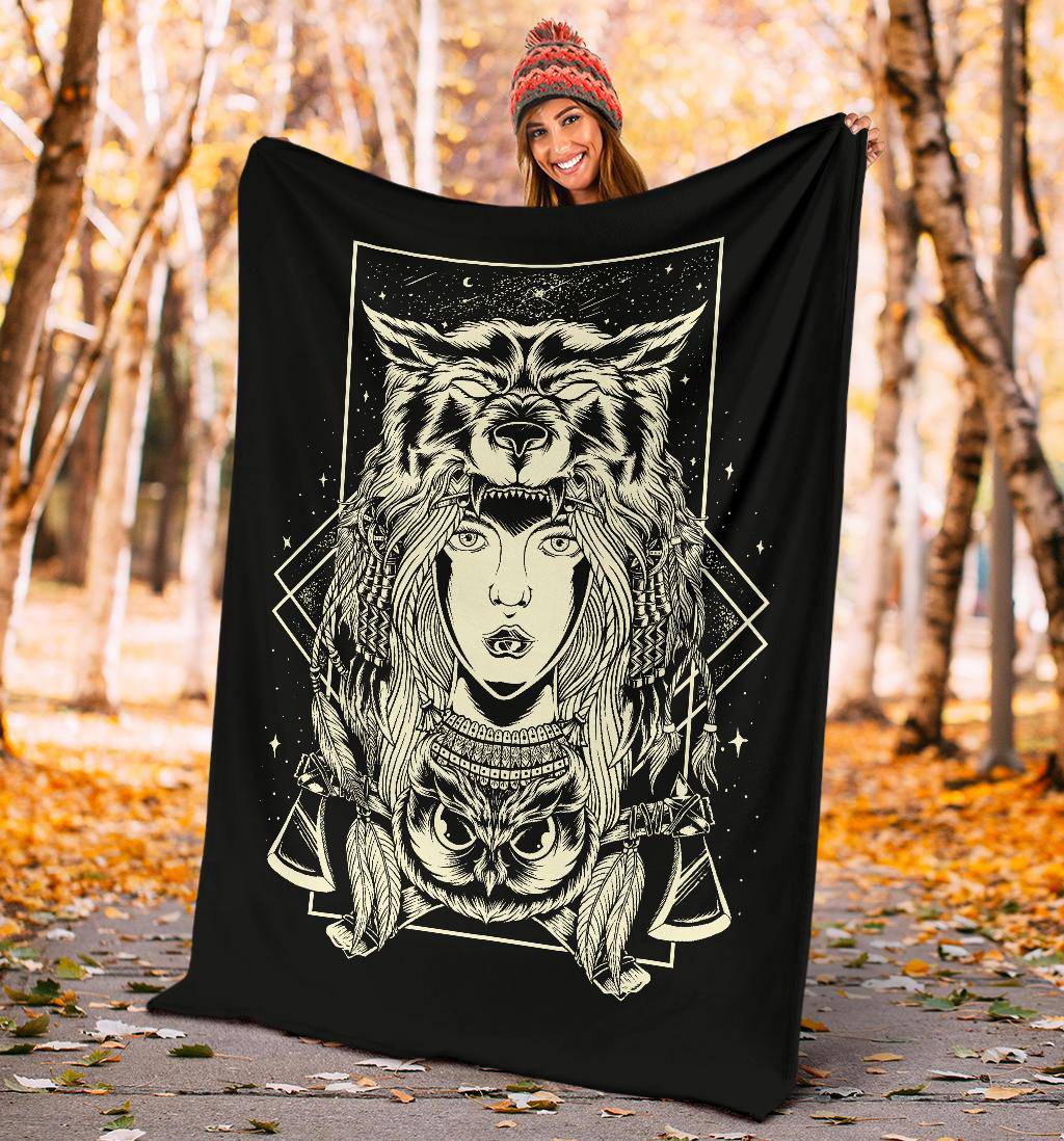 Hand Drawing Chief Women Wolf Head Illustration Premium Blanket - Top Content | POD Collection | Free Shipping