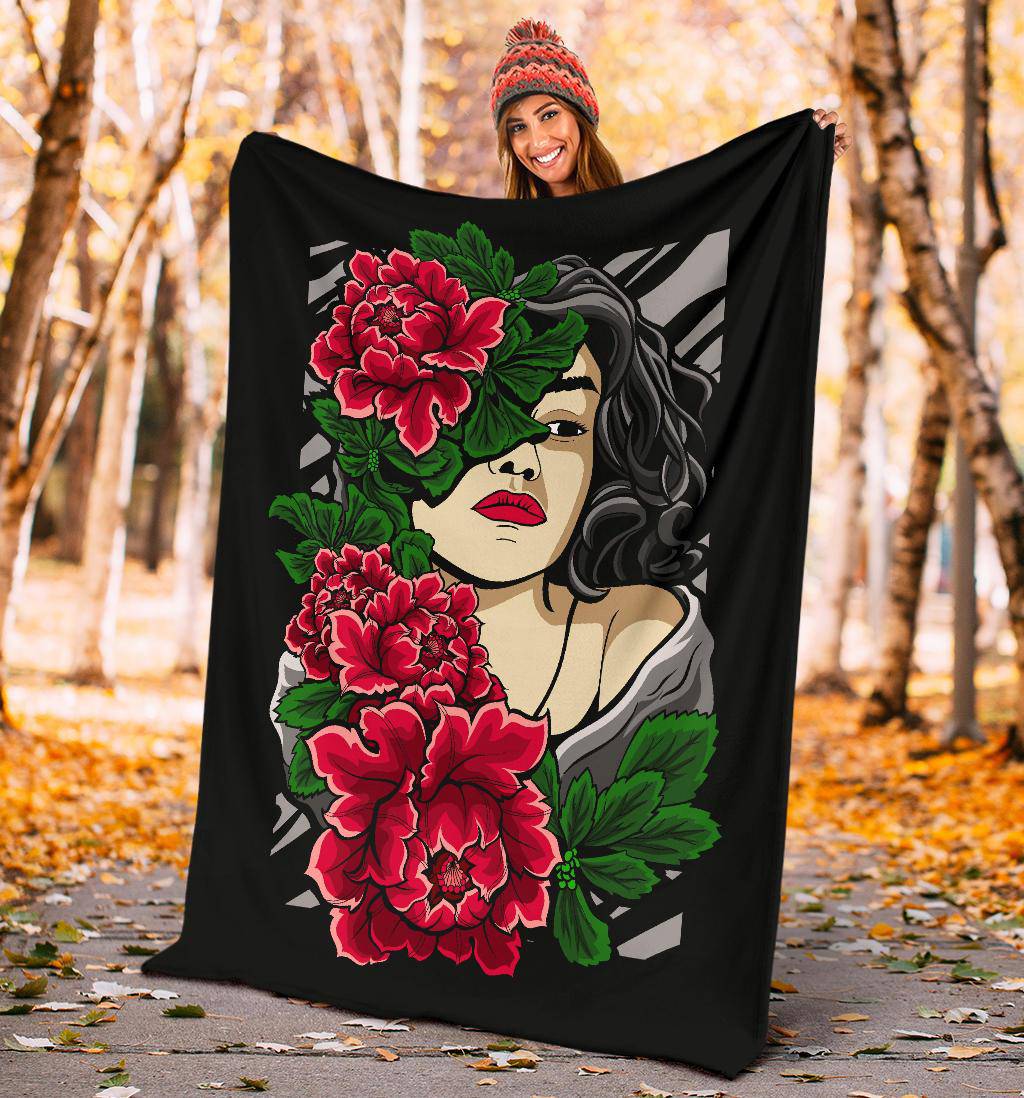 Beautiful Red Flower Women Cartoon Drawing Premium Blanket - Top Content | POD Collection | Free Shipping