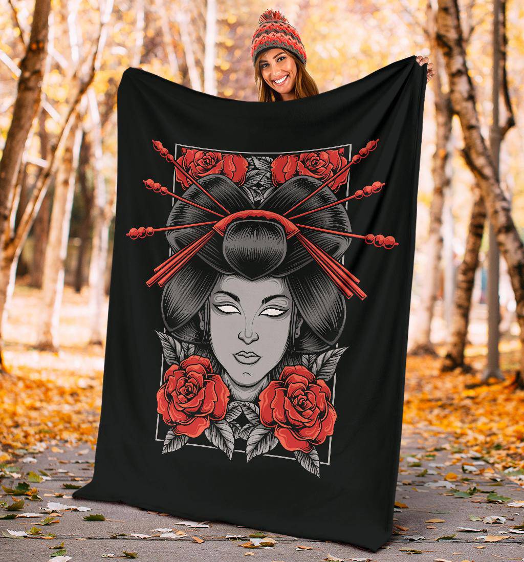 Geisha With Rose Flowers Cartoon Premium Blanket - Top Content | POD Collection | Free Shipping