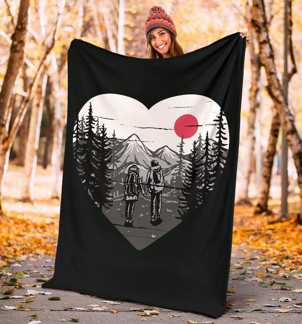 Premium Blanket Love Couple Drawing Nature Hiking Journey Cartoon - Top Content | POD Collection | Free Shipping