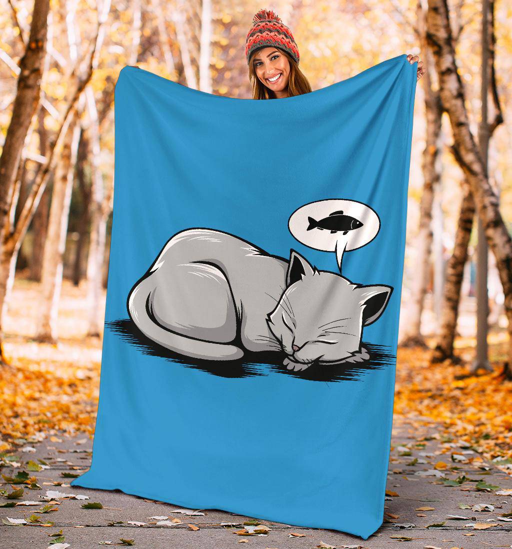 Sleeping Cat Dreaming About Fish Premium Blanket - Top Content | POD Collection | Free Shipping