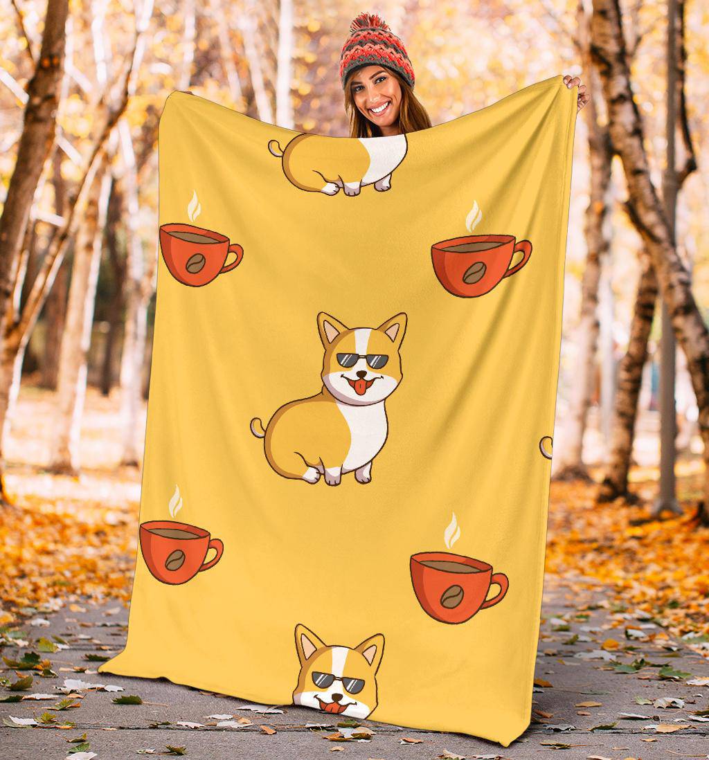 Cool Corgi Cartoon WIth Coffee Cup Premium Blanket - Top Content | POD Collection | Free Shipping